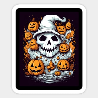 dead witch skull with halloween pumpkins Sticker